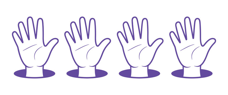 Four white hands with purple outline and shadows raised up in air