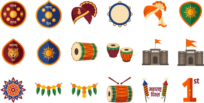 Set of badges and symbols for Maharashtra Day celebrations