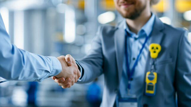 Nuclear materials processing deal handshake with a radiation dosimeter badge visible on a professional's lapel, set against a nuclear processing facility background, nuclear