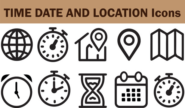 Time Date and Location Icons Vector Set | Outline Navigation and Clock Icons
