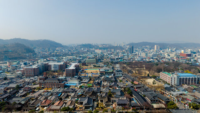 Drone aerial view of Jeonju Hanok Village, South Korea