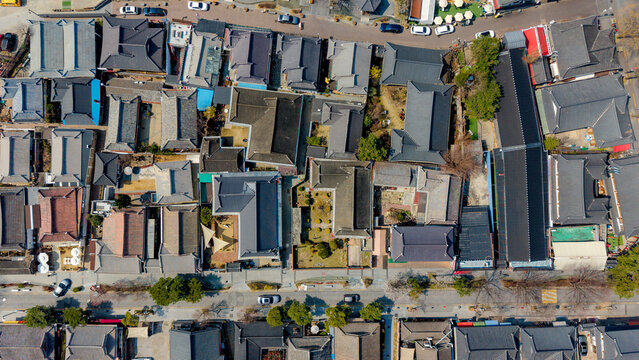 Drone aerial view of Jeonju Hanok Village rooftops