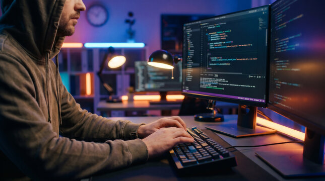 Male Hooded Developer Writing Code on Dual Monitors