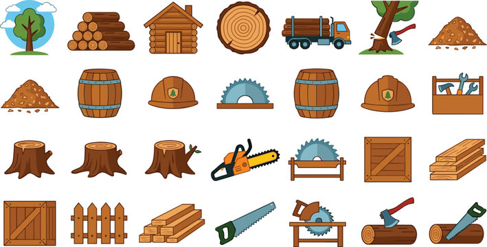 Lumberjack and Forestry Industry Vector Icon Set Featuring Wood Logs Chainsaw Axe Sawmill Equipment and Timber Production Elements for Construction Layouts