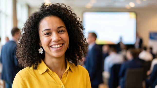 Cheerful african american woman attending business conference seminar with blurred background audience and screen