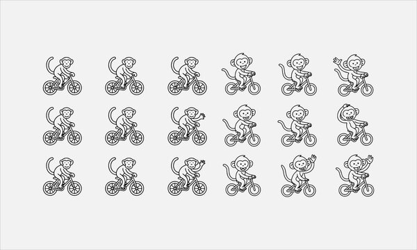 Three monkeys on bicycle hand drawn sketch line art icon set vector illustration