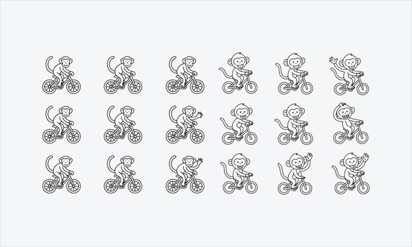 Three monkeys on bicycle hand drawn sketch line art icon set vector illustration