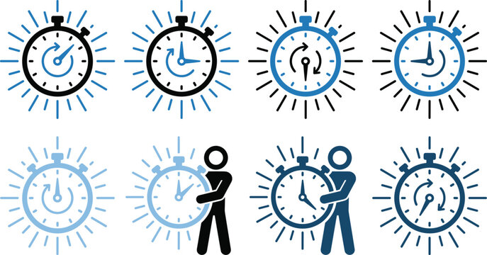Fast time management stopwatch icon set with speed lines and stick figures holding clocks