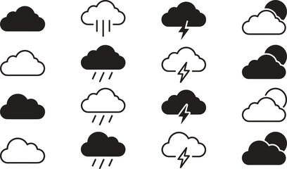 Obraz premium Minimalist Weather Forecast Line Art and Silhouette Vector Icon Set with Rain Thunderstorm Sun and Cloud Symbols for Mobile Application UI Templates