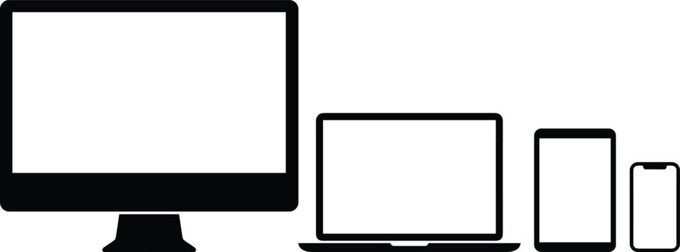 Responsive Multi Device Silhouette Vector Set with Blank Screens Laptop Desktop Computer Tablet and Smartphone Mockups for Website UI UX Presentation Templates