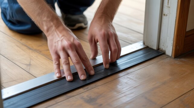Professional installing door threshold sweep on wooden floor