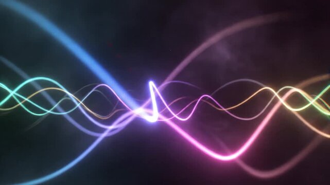 Mesmerizing abstract wavy light streaks in a spectrum of vibrant neon colors create a dynamically flowing energy field with a dark atmospheric glow, representing cosmic waves and electronic