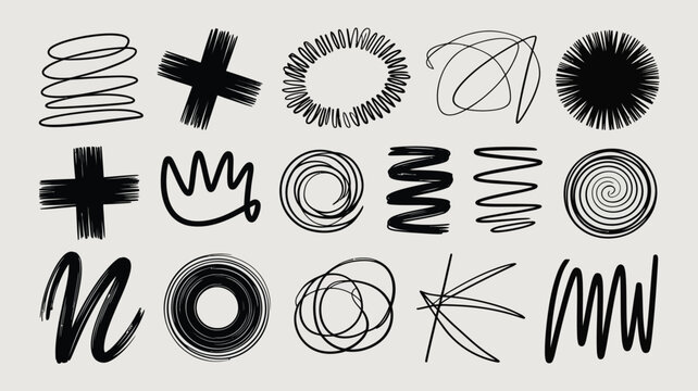 Collection of abstract black ink drawings swirls spirals and linear forms