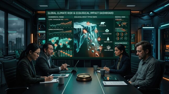 Four diverse scientists in a dim futuristic command center analyze a global climate risk and ecological impact dashboard featuring melting glaciers and environmental data