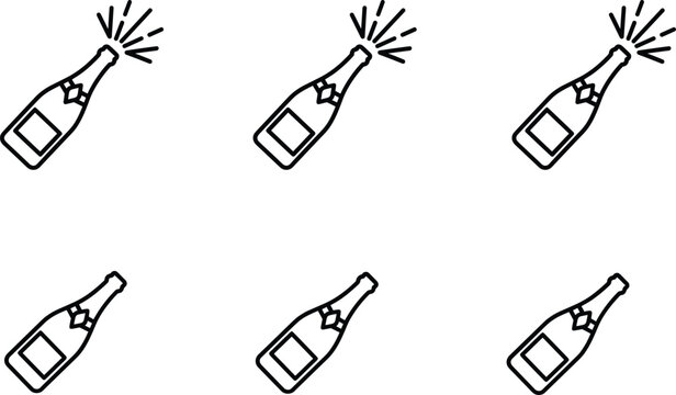 Champagne bottle popping celebration line icon set with closed and exploding party wine elements