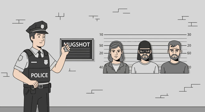 Police officer holding mugshot board with criminals.