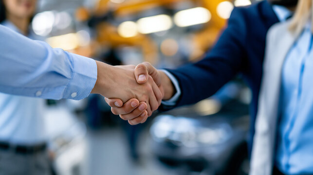 Business handshake deal in an automotive manufacturing plant, two professionals closing a production agreement, vehicle assembly and automotive industry partnership concept,