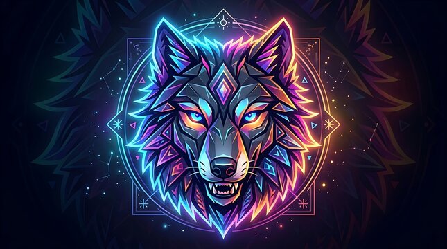 Wolf head with neon colors and geometric pattern nobody