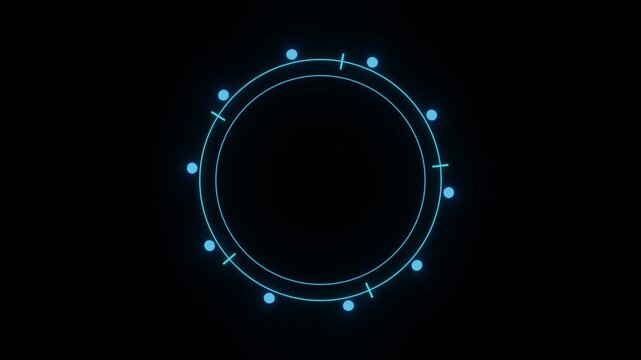 Cyan neon glowing double circle hud ring with dots and markers rotating loop animation