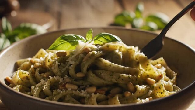 Pasta dish with pesto sauce and pine nuts in a bowl top view composition