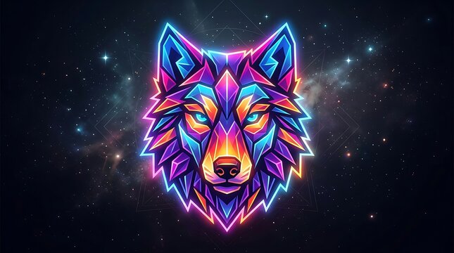 Geometric Wolf Head with Neon Glow in Cosmic Background