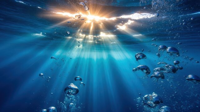 Golden Sunlight And Air Bubbles In Deep Blue Water
