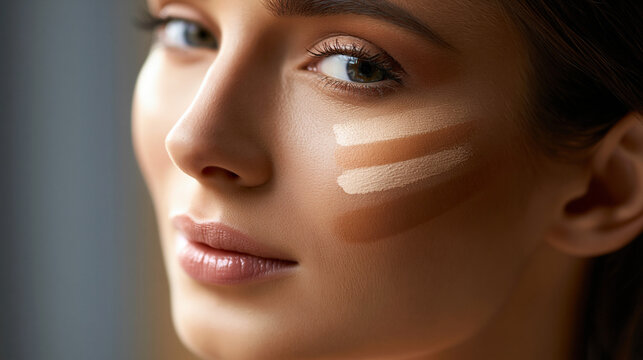 Young woman's face with visible contour highlight and bronzer makeup sample application, professional face makeup contouring concept, multiracial beauty, studio lighting,