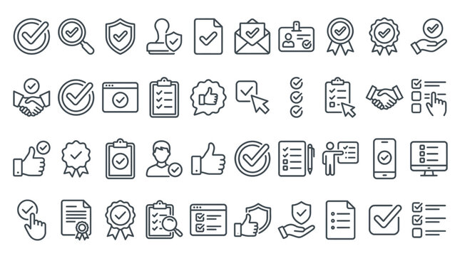 Checkmark and Approved web icon set in line style. Checklist, accepted, stamp, accept, agree, quality control, collection. Editable stroke. Vector illustration.