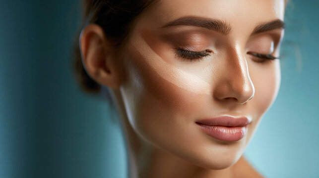 Young woman's face with visible contour highlight and bronzer makeup sample application, professional face makeup contouring concept, multiracial beauty, studio lighting,