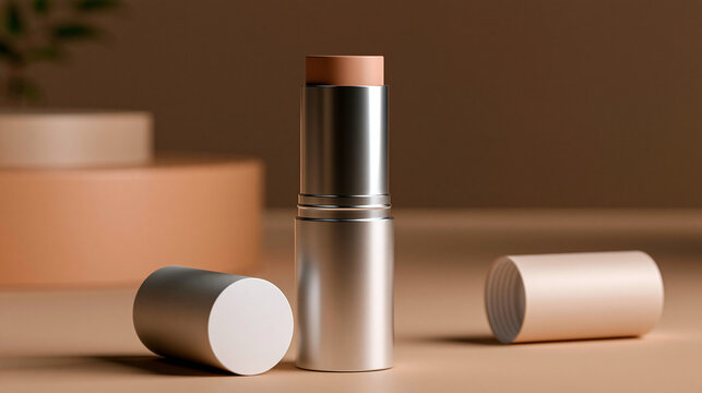 Foundation stick packaging mockup in cylindrical twist-up design, rotating solid cosmetic cream container, bronzer or sunscreen stick packaging concept, product design, with copy