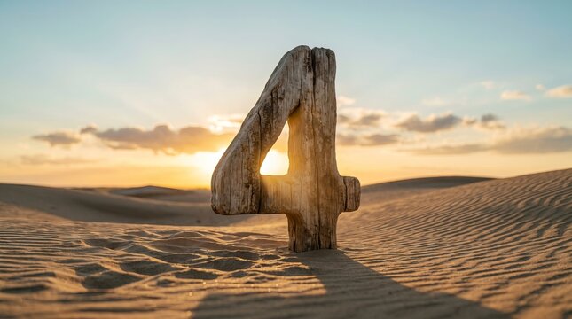 Wooden number four standing in the middle of a vast desert landscape at sunset