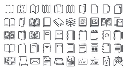 Brochure line icons set. Flyer leaflet, catalogue, booklet, magazine, letterhead, open book and other polygraphy vector illustration.