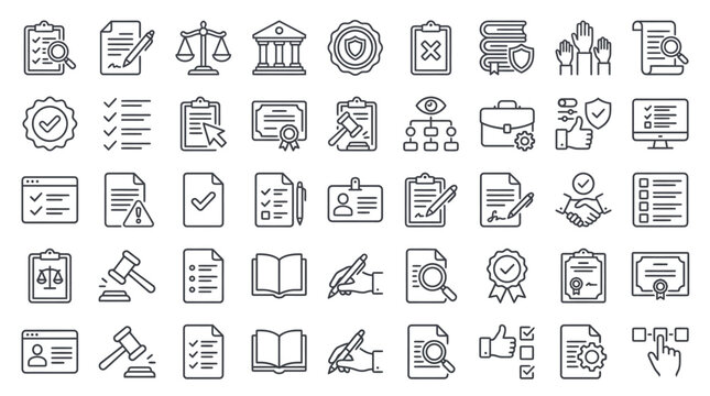 Compliance web icons in line style. Regulations, policy, legal document, quality control, responsibility, law. Editable stroke. Vector illustration.