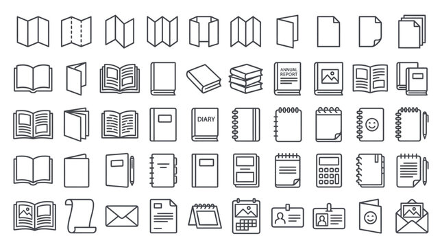 Brochure line icons set. Flyer leaflet, catalogue, booklet, magazine, letterhead, open book and other polygraphy vector illustration.