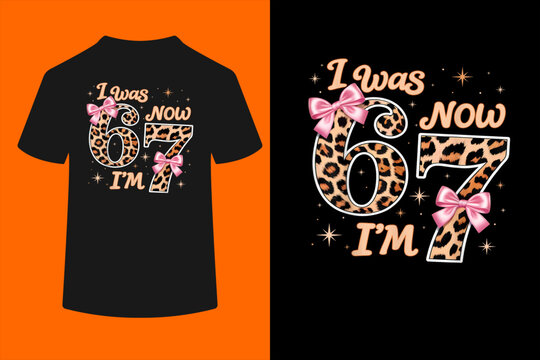 Leopard Bow I was 6 Now I'm 7 Six Seven 7th Birthday Girl T-Shirt

