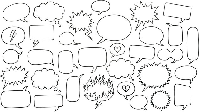 Hand drawn comic speech bubble vector set with empty doodle chat clouds and text message shapes