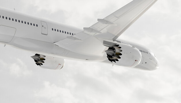 Passenger airplane wing and engines flying above clouds