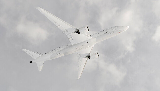 Airplane flying through cloudy sky