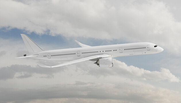 White passenger airplane flying through cloudy sky panorama