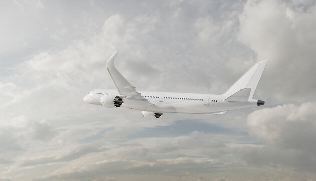 Commercial airplane flying through cloudy sky in daylight