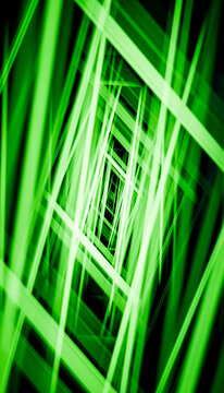 Abstract green light beam tunnel with glowing neon lines