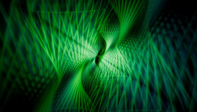 Abstract green light beam tunnel with flowing grid pattern