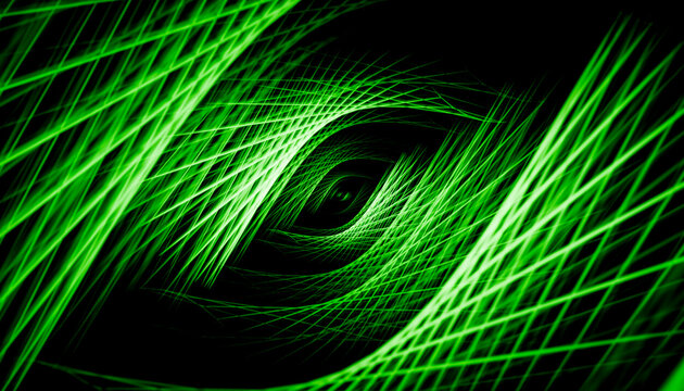 Abstract green light beam tunnel with glowing lines on black