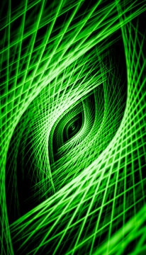 Abstract green light beam tunnel with glowing grid pattern