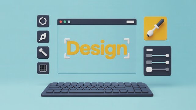 3D render of digital design workspace concept with software interface and creative tools