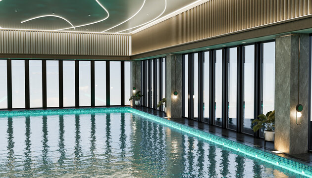 Modern indoor pool with panoramic windows and ambient lighting