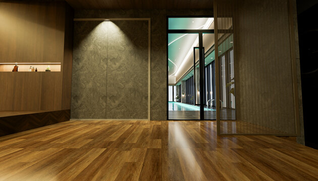 Modern spa hallway with wood floor and glass entrance