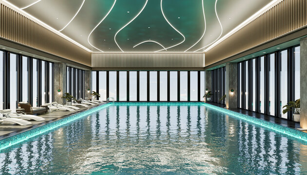 Luxury indoor pool with modern lighting and glass walls
