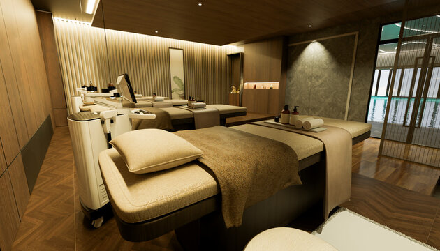 Modern spa treatment room with massage beds and warm light