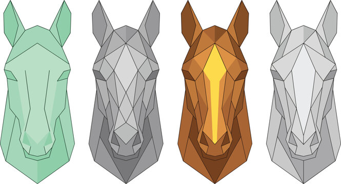 Low poly geometric horse head vector icon set with origami papercraft animal portrait elements